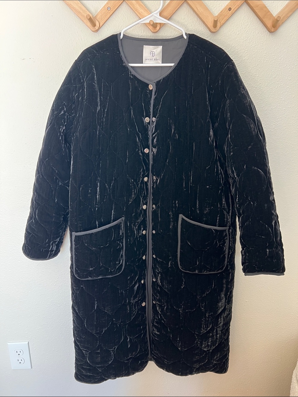 Anine Bing Black Quilted Velvet Longline Coat